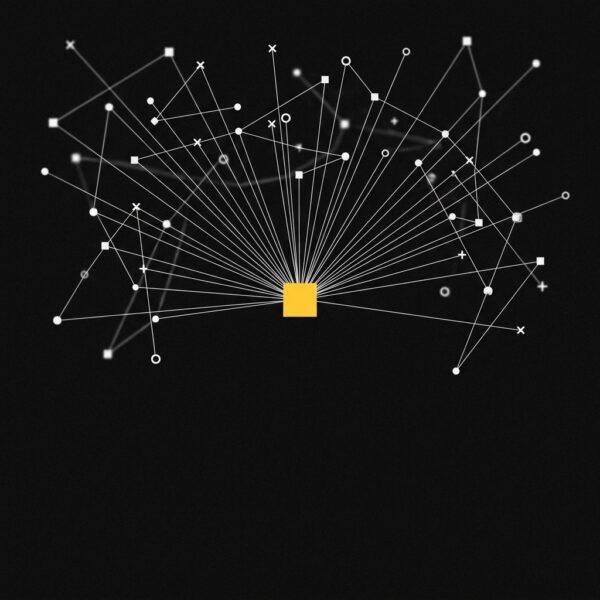Una rete di punti, quadrati e croci bianchi collegati da linee sottili che convergono su un unico quadrato giallo, su fondo nero