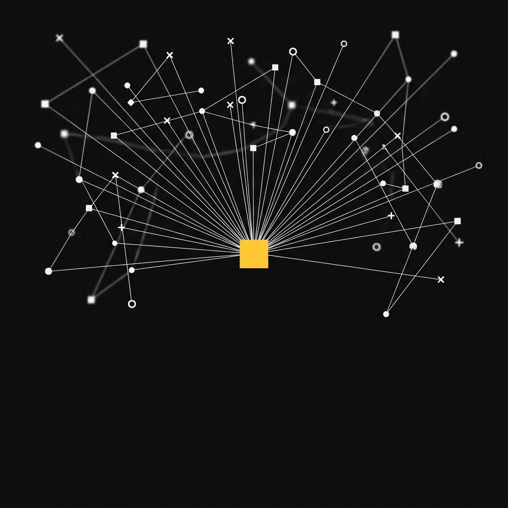 A network of white dots, squares and crosses joined by thin lines that all converge on a single yellow square, on a black background
