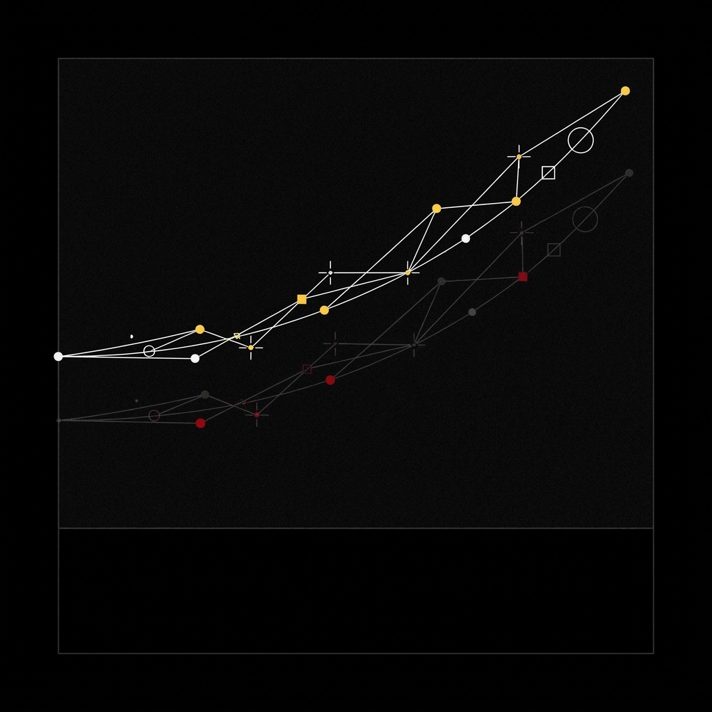 A jump trajectory drawn by white and yellow tracking points joined by thin lines on a black background, with a fainter red echo below it