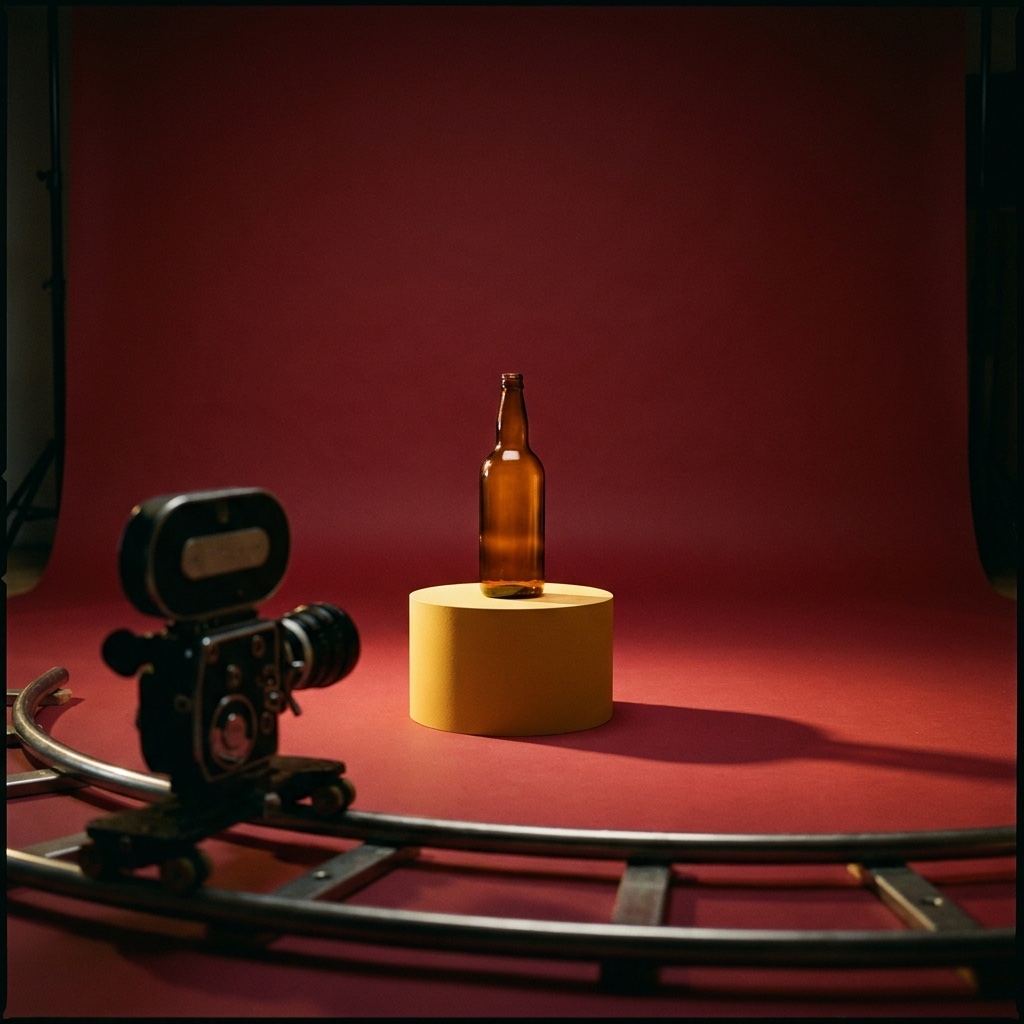 An amber glass bottle on a yellow pedestal in a studio with a red backdrop, with a vintage cinema camera on a dolly track