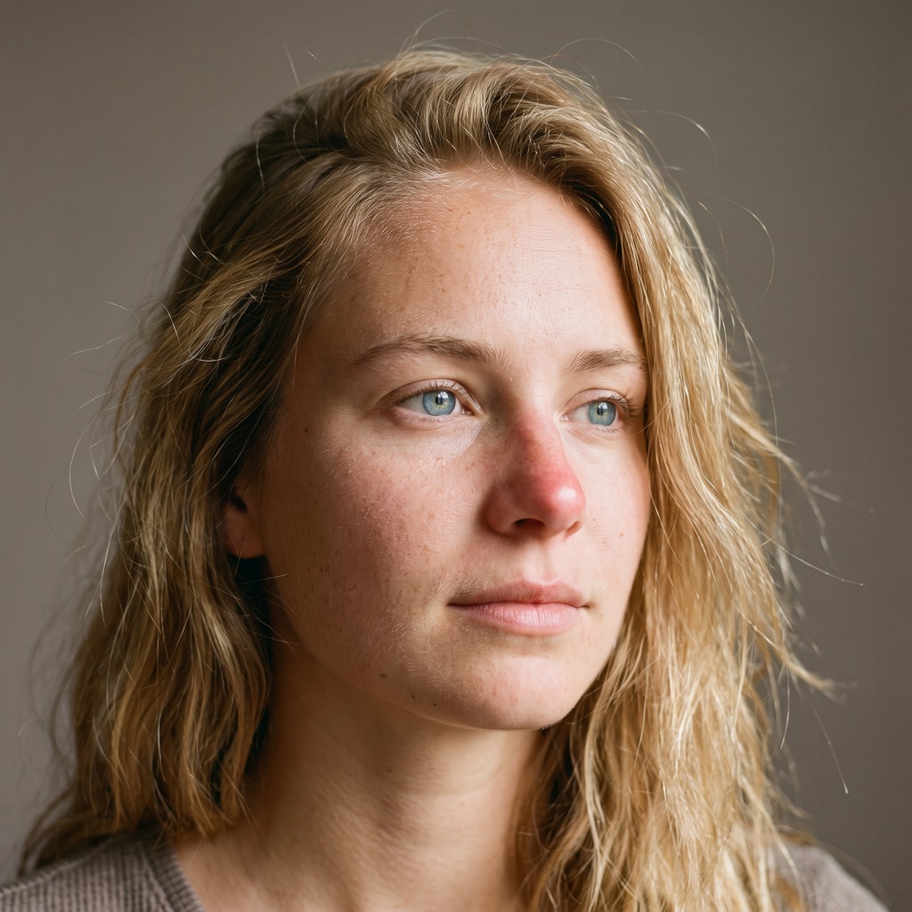 Close-up portrait of a 19 year old woman with long blonde hair and blue eyes, skin with visible pores and freckles, window light, gray studio backdrop